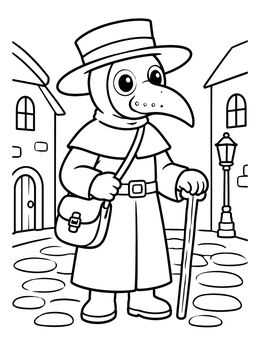 A friendly plague doctor coloring page with hat and mask standing on cobblestone street.