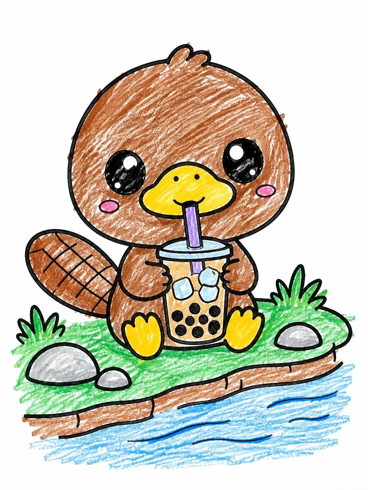 Colored example of the Cute Platypus Drinking Boba Tea coloring page