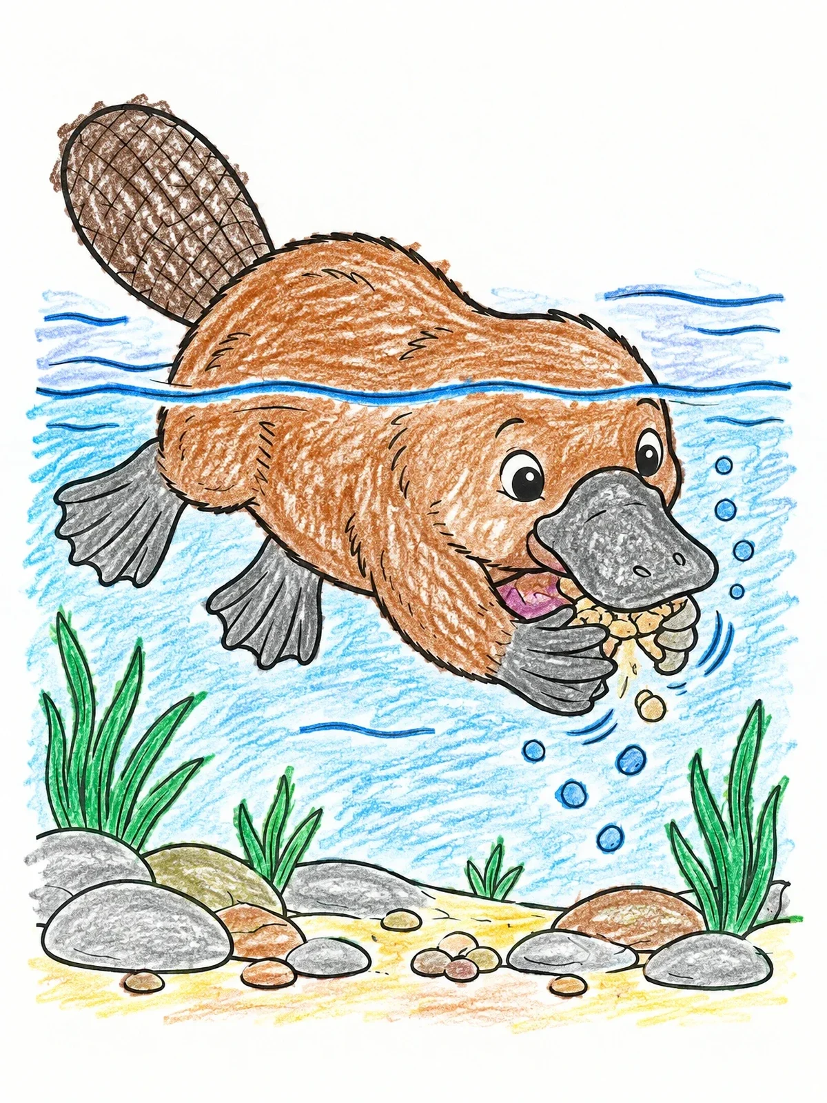 Colored example of the Cute Platypus Eating Underwater coloring page