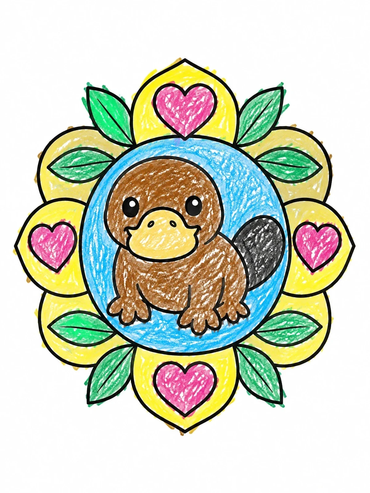 Colored example of the Cute Platypus In Heart Mandala coloring page