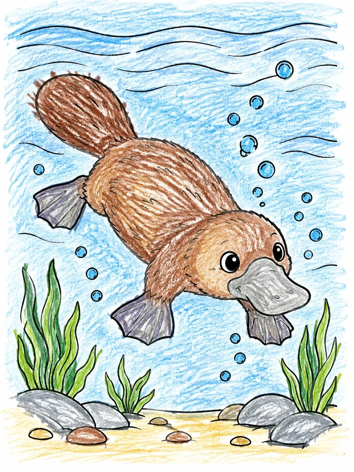 Colored example of the Cute Platypus Swimming Underwater coloring page