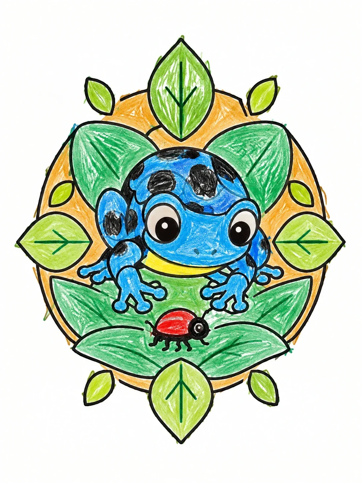 Colored example of the Cute Poison Dart Frog And Beetle coloring page