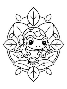 A cute cartoon frog coloring page featuring a poison dart frog watching a tiny beetle.