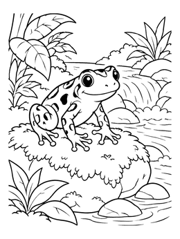 A cheerful frog coloring page featuring a spotted amphibian on a mossy rock by a waterfall.