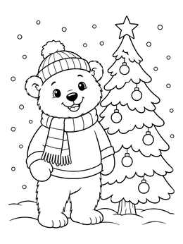 A cheerful christmas bear coloring page with a cute cub in winter clothes standing beside a decorated tree.