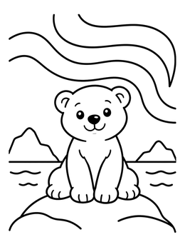 Free printable Cute Polar Bear Cub Under Northern Lights coloring page