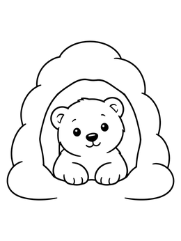 A polar bear coloring page showing a cute fluffy cub peeking out from inside a cozy snow cave.