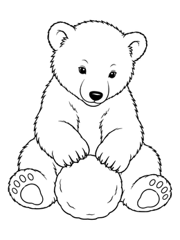 A polar bear coloring page showing a fluffy cub seated with a round snowball.