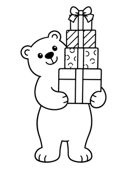 A sweet polar bear coloring page featuring a bear holding a tall stack of wrapped presents.