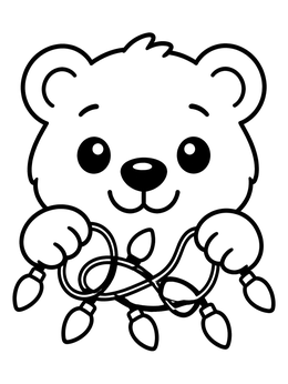 A cheerful polar bear coloring page showing a cute cub holding a tangled string of holiday lights.