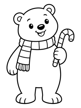 A cheerful polar bear coloring page with a cozy winter scarf and candy cane.