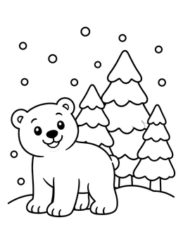 A cute winter bear coloring page with pine trees and snowflakes.