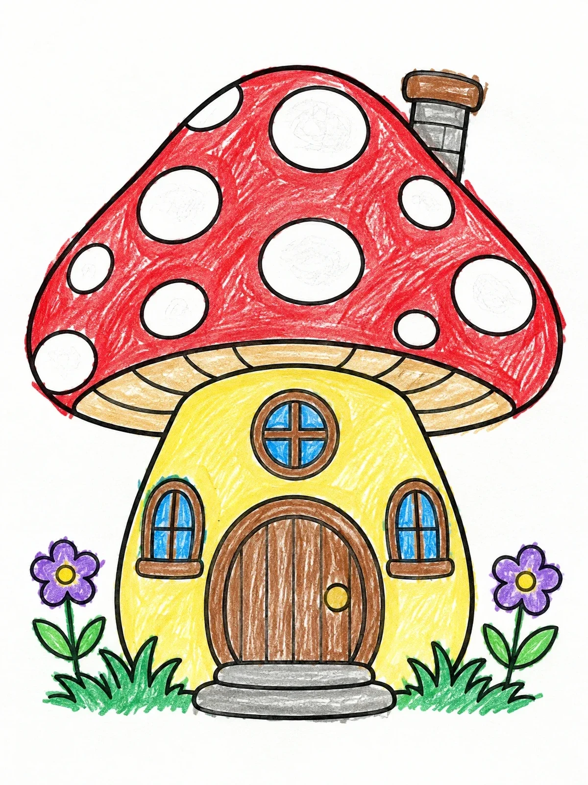 Colored example of the Cute Polka Dot Mushroom House coloring page