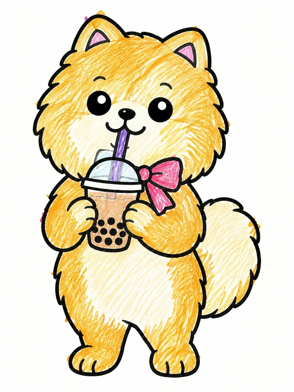 Colored example of the Cute Pomeranian Drinking Boba Tea coloring page
