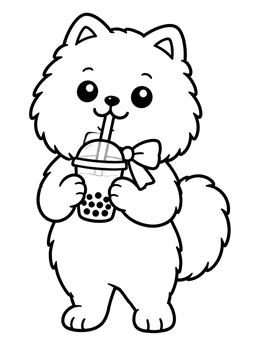 Free printable Cute Pomeranian Drinking Boba Tea coloring page