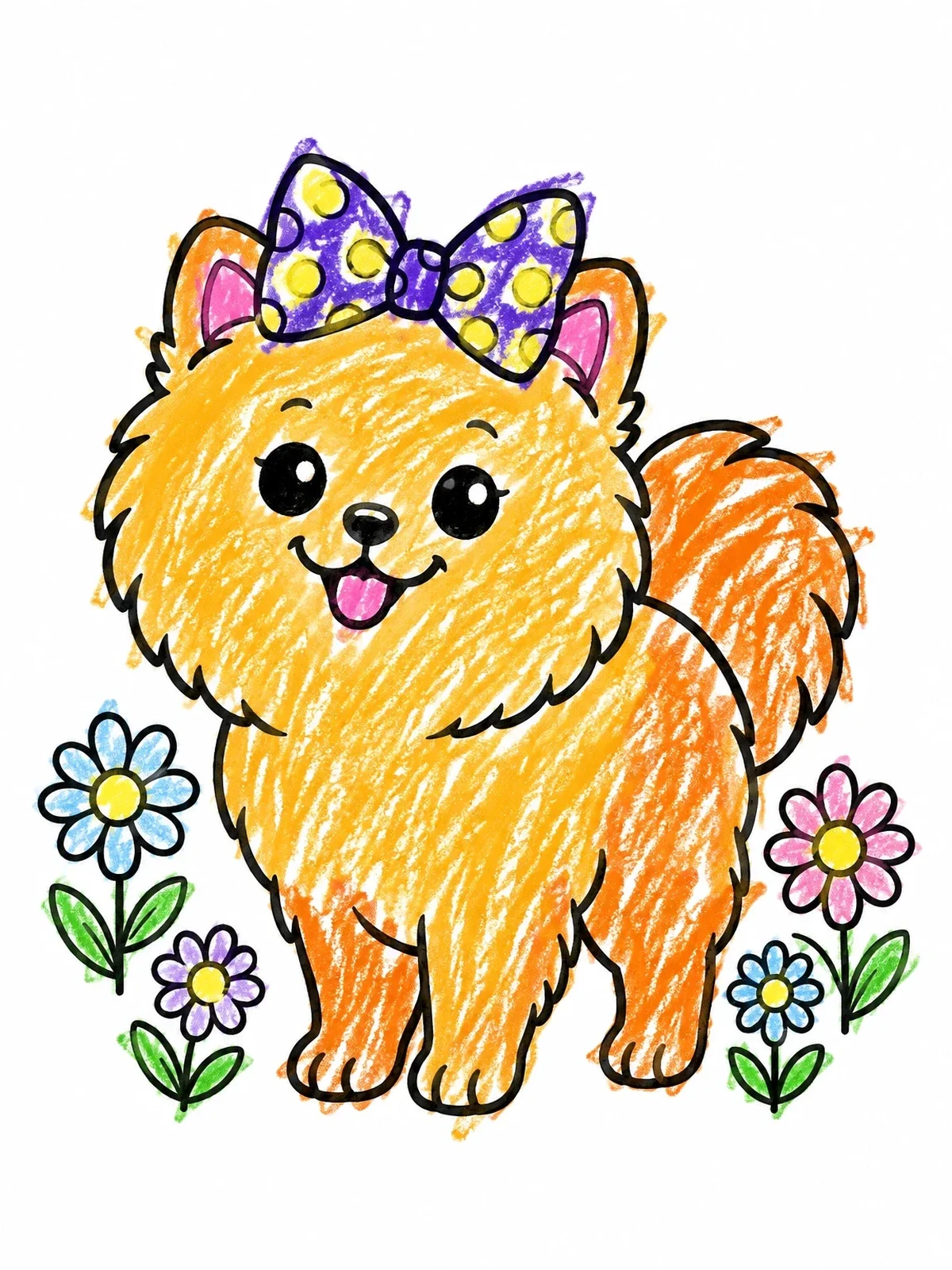 Colored example of the Cute Pomeranian Puppy With Polka Dot Bow coloring page