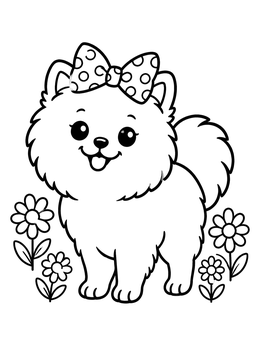 Free printable Cute Pomeranian Puppy With Polka Dot Bow coloring page