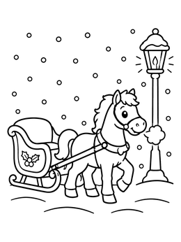 A cute pony pulling a festive sleigh under falling snow in this christmas horse coloring page.