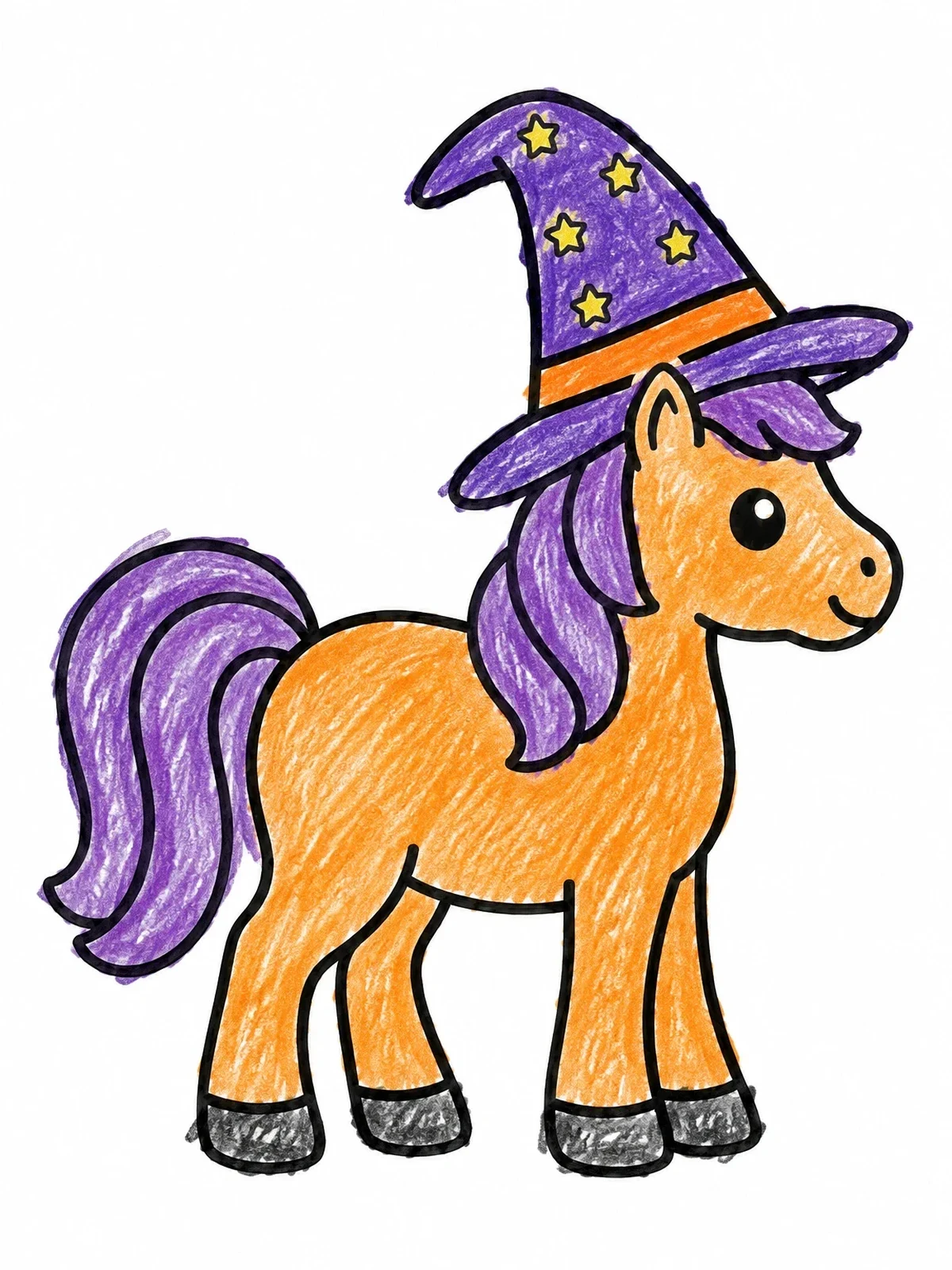 Colored example of the Cute Pony In Witch Hat coloring page