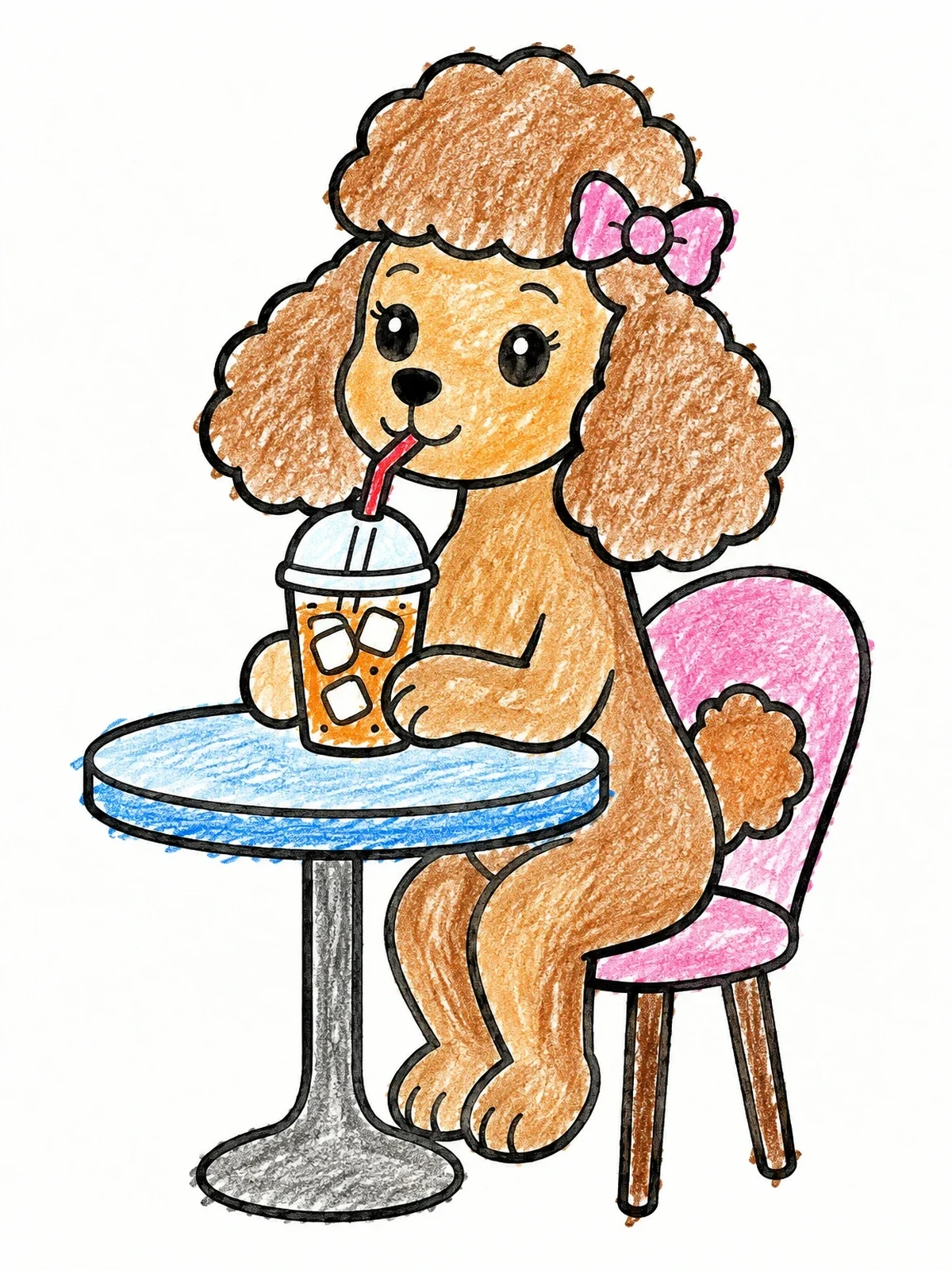 Colored example of the Cute Poodle Drinking Iced Tea coloring page