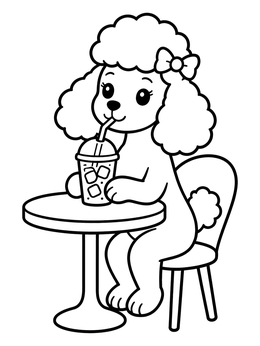 A cute poodle coloring page showing a fluffy pup sipping a cold drink through a straw at a cafe table.