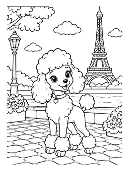 Free printable Cute Poodle By Eiffel Tower coloring page