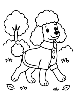 A happy poodle wearing a warm jacket walks through the park in this poodle coloring page.
