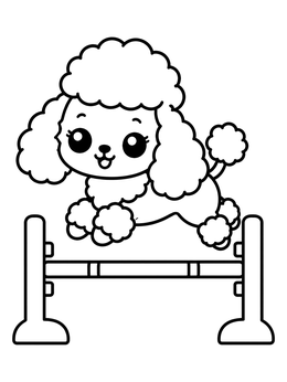 A cute cartoon poodle leaping over an obstacle in this poodle coloring page.