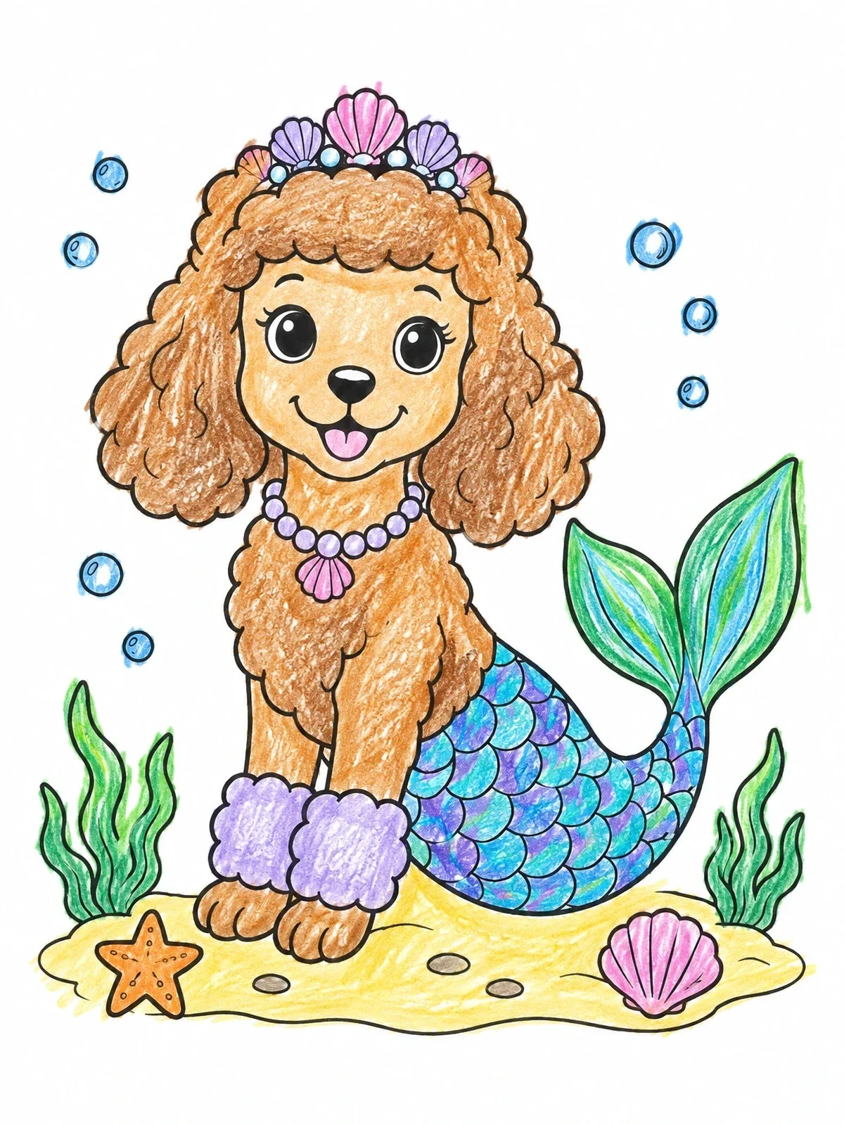 Colored example of the Cute Poodle Mer Dog Underwater coloring page