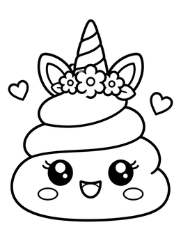 A cute unicorn emoji coloring page featuring a smiling swirl with a horn and flower crown.
