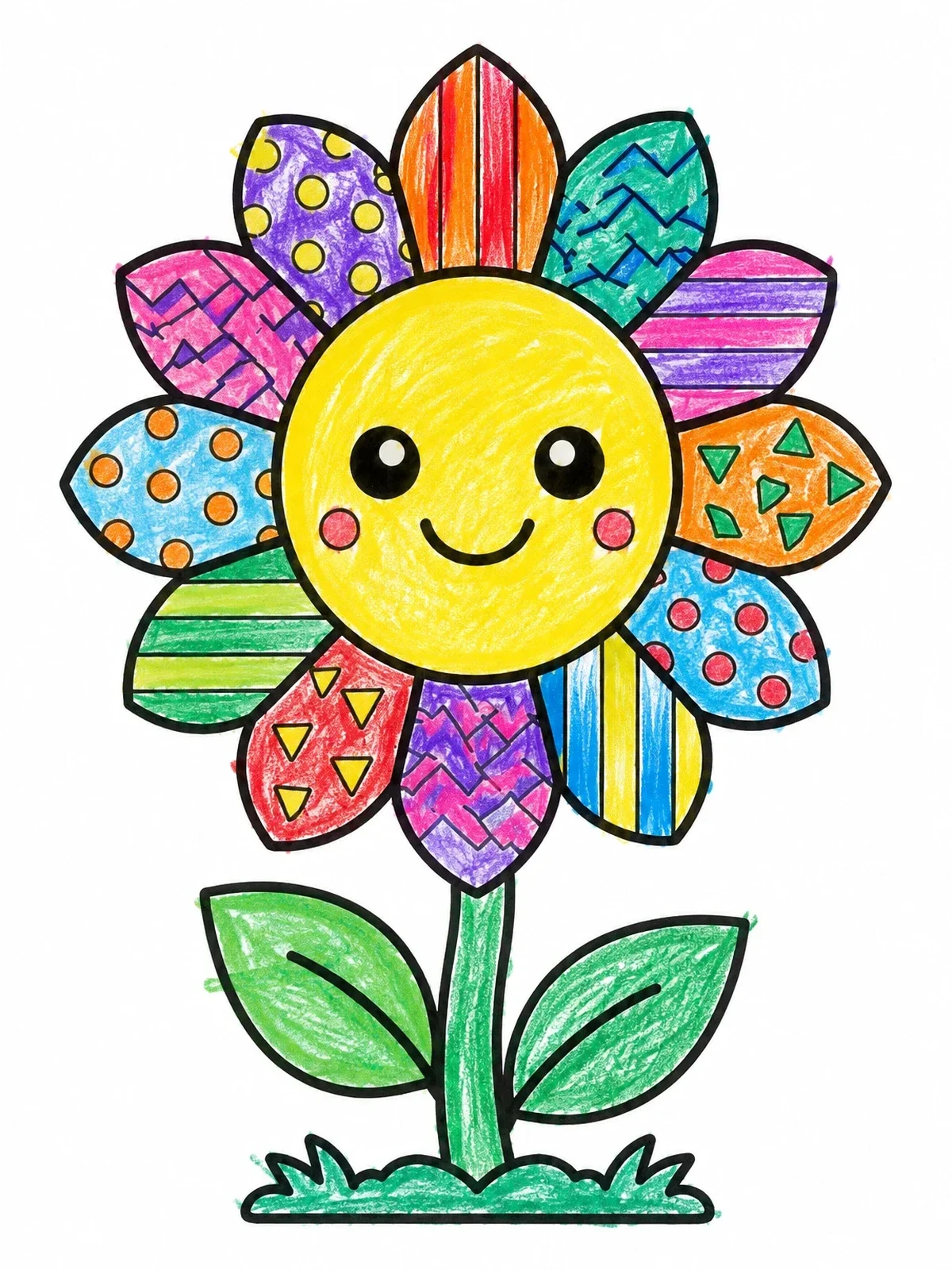 Colored example of the Cute Pop Art Pattern Sunflower coloring page
