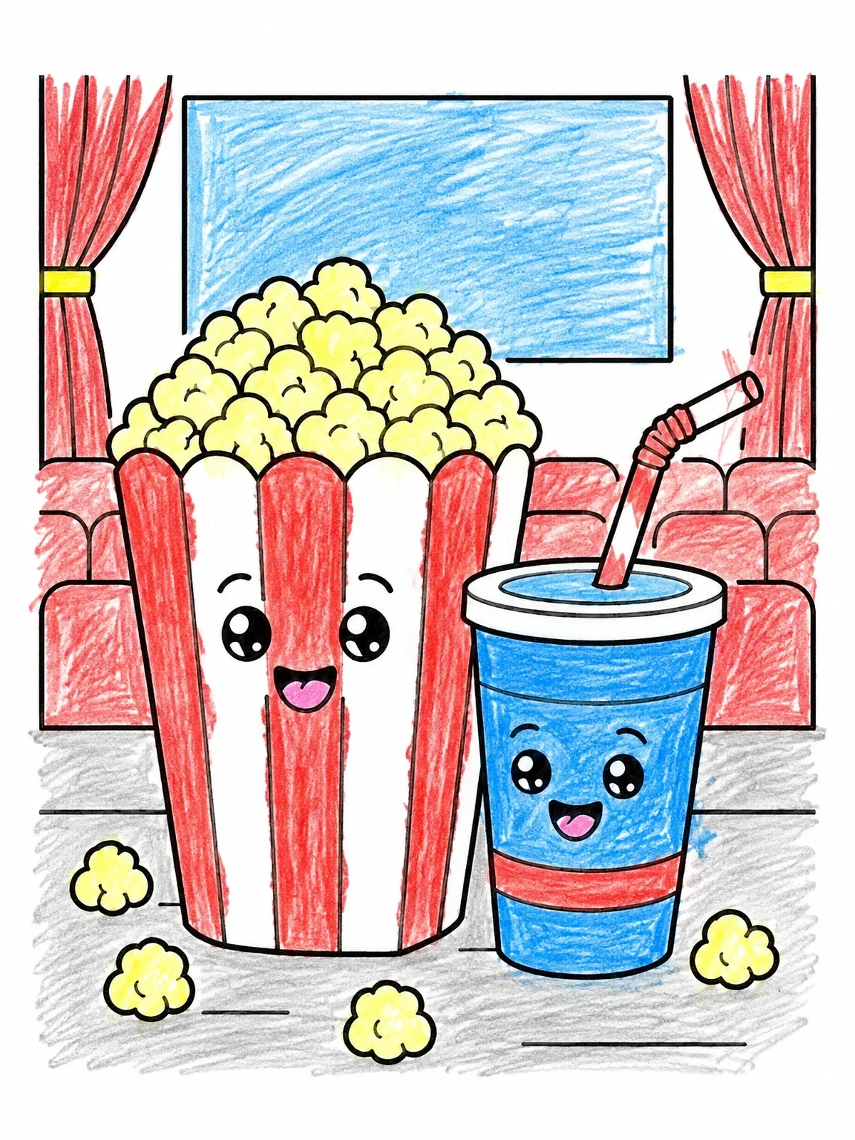 Colored example of the Cute Popcorn And Soda Friends coloring page