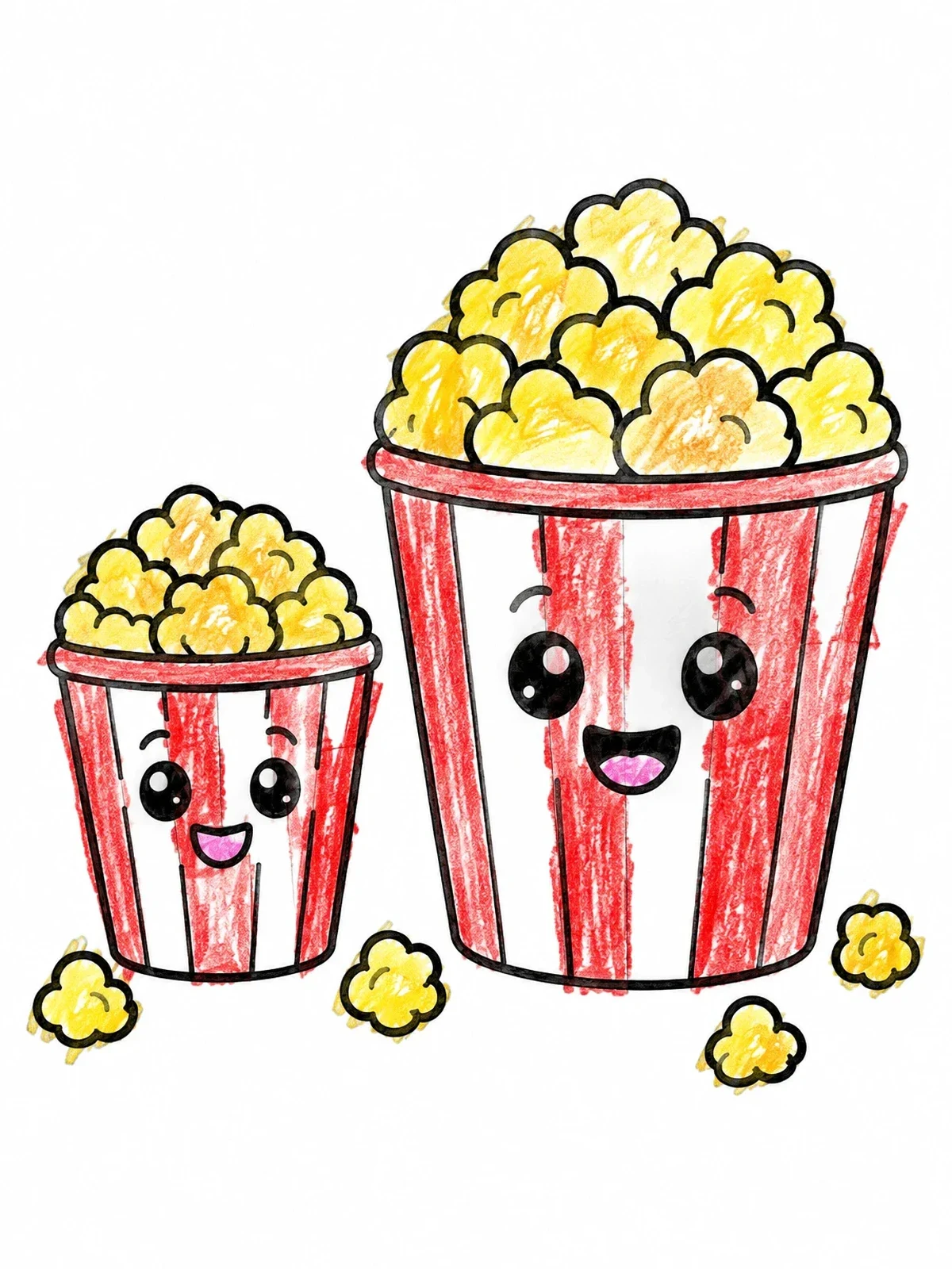 Colored example of the Cute Popcorn Buckets Side By Side coloring page