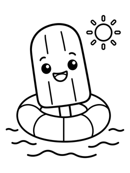 A cute cartoon popsicle floating in a swim ring on this sunny popsicle coloring page.