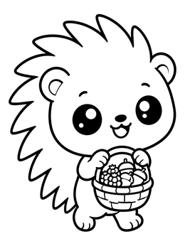 A cheerful baby porcupine coloring page holding a little basket full of berries and acorns.