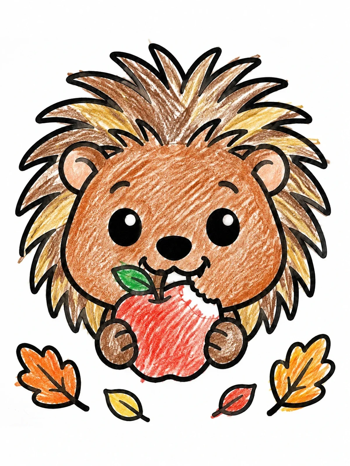 Colored example of the Cute Porcupine Eating An Apple coloring page