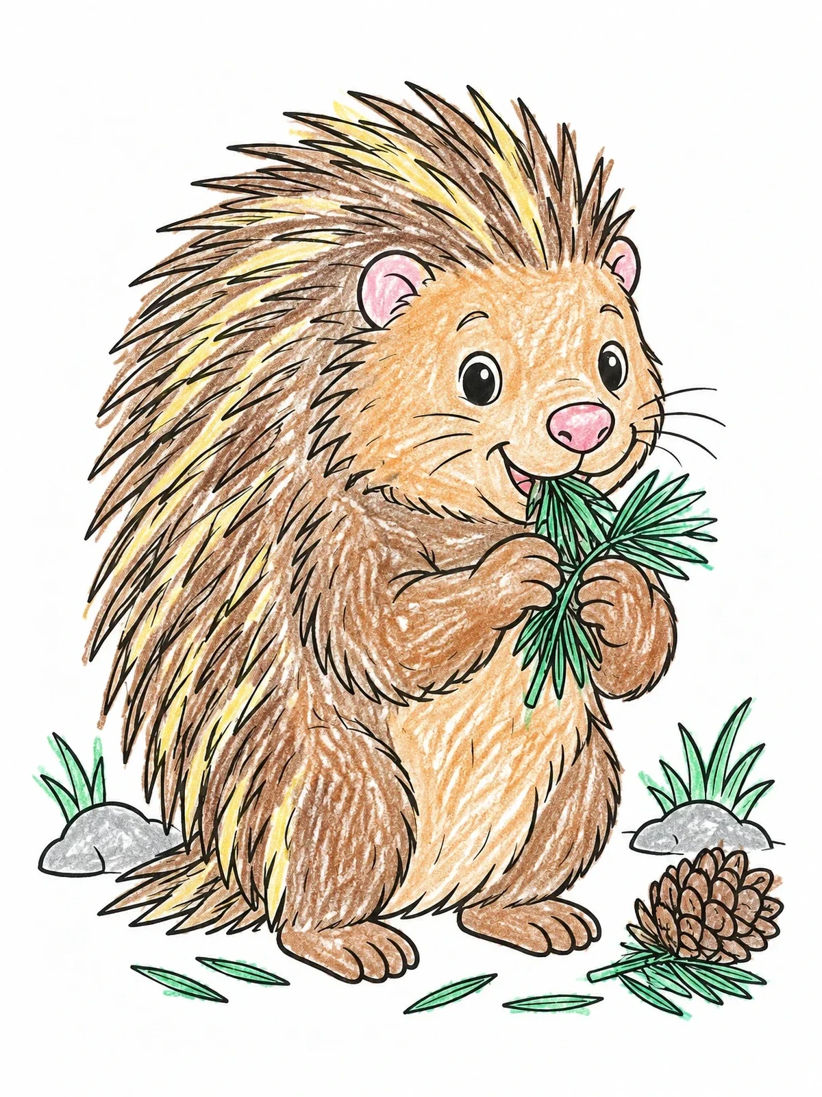 Colored example of the Cute Porcupine Eating Pine Needles coloring page