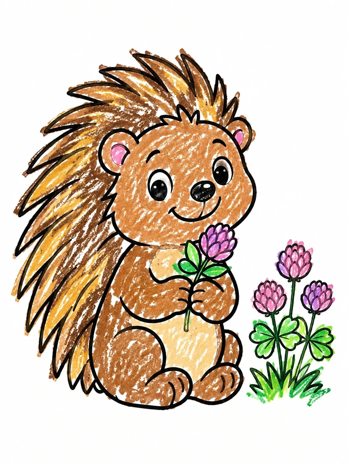 Colored example of the Cute Porcupine With Clover Flower coloring page