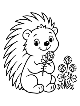 A sweet little porcupine coloring page featuring blooming clover flowers.