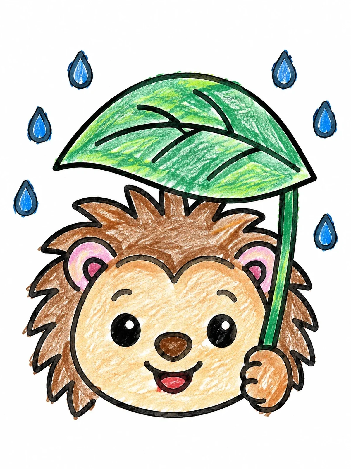 Colored example of the Cute Porcupine Under Leaf Umbrella coloring page