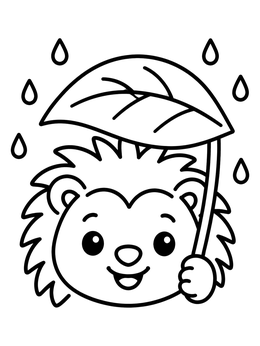 A cheerful porcupine coloring page showing a little spiky friend sheltering under a leaf umbrella in the rain.