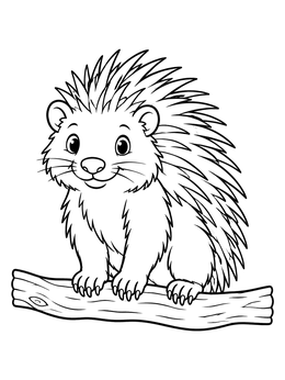 A cheerful cartoon porcupine coloring page perched on a wooden tree branch.