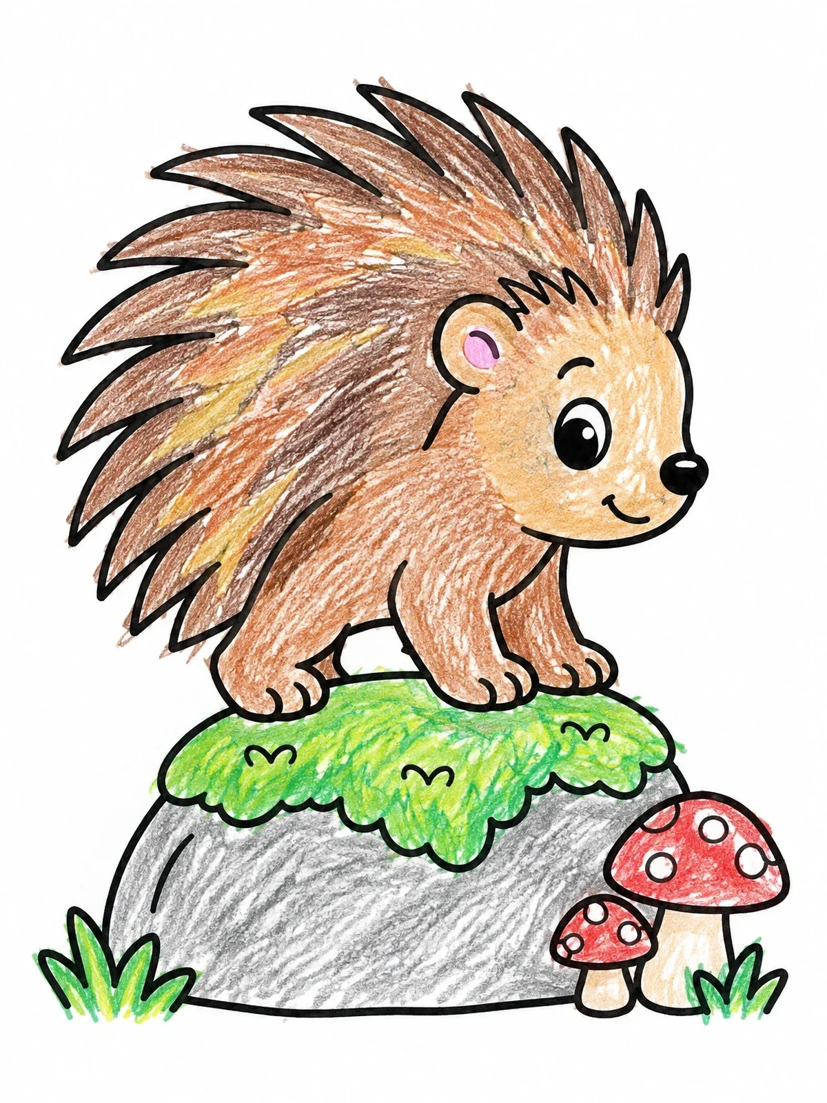 Colored example of the Cute Porcupine On A Mossy Rock coloring page