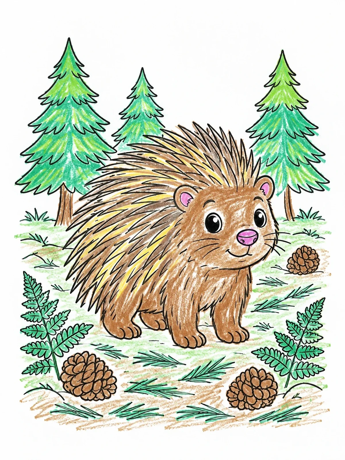 Colored example of the Cute Porcupine In Pine Forest coloring page