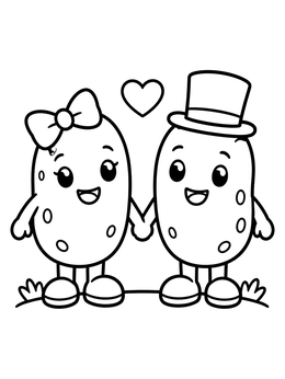 A sweet potato coloring page with two smiling potato characters holding hands under a heart.