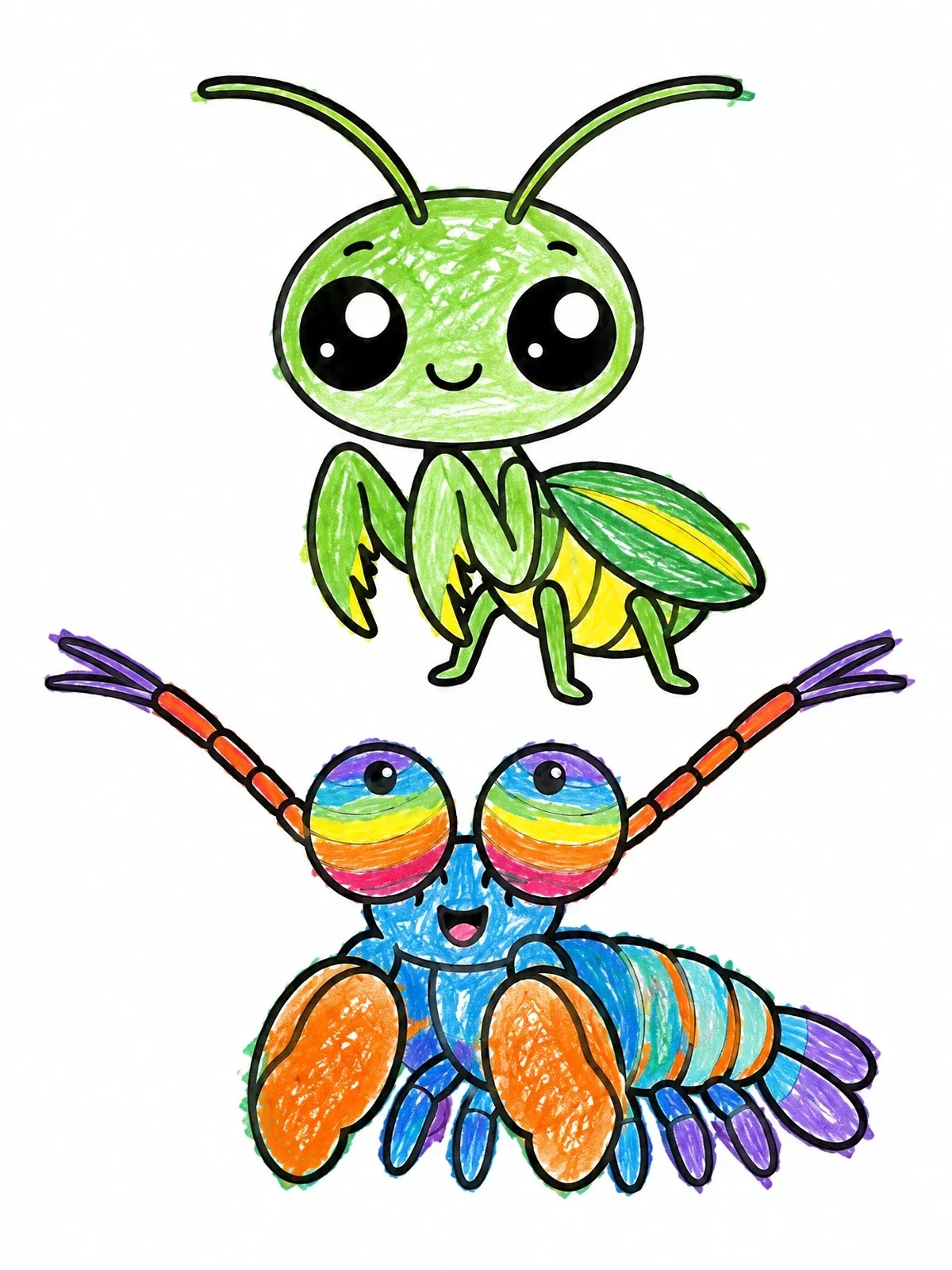 Colored example of the Cute Praying Mantis And Mantis Shrimp coloring page