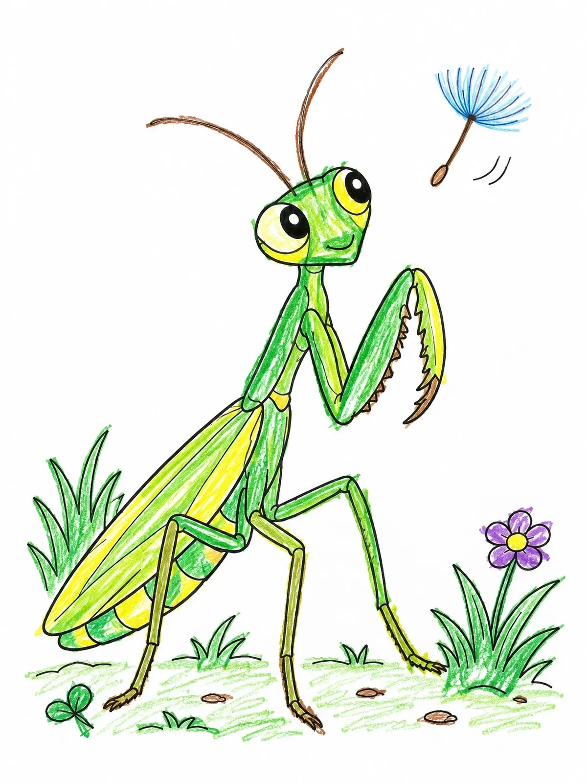 Colored example of the Cute Praying Mantis And Dandelion Seed coloring page