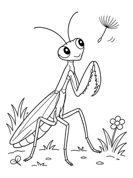 Free printable Cute Praying Mantis And Dandelion Seed coloring page