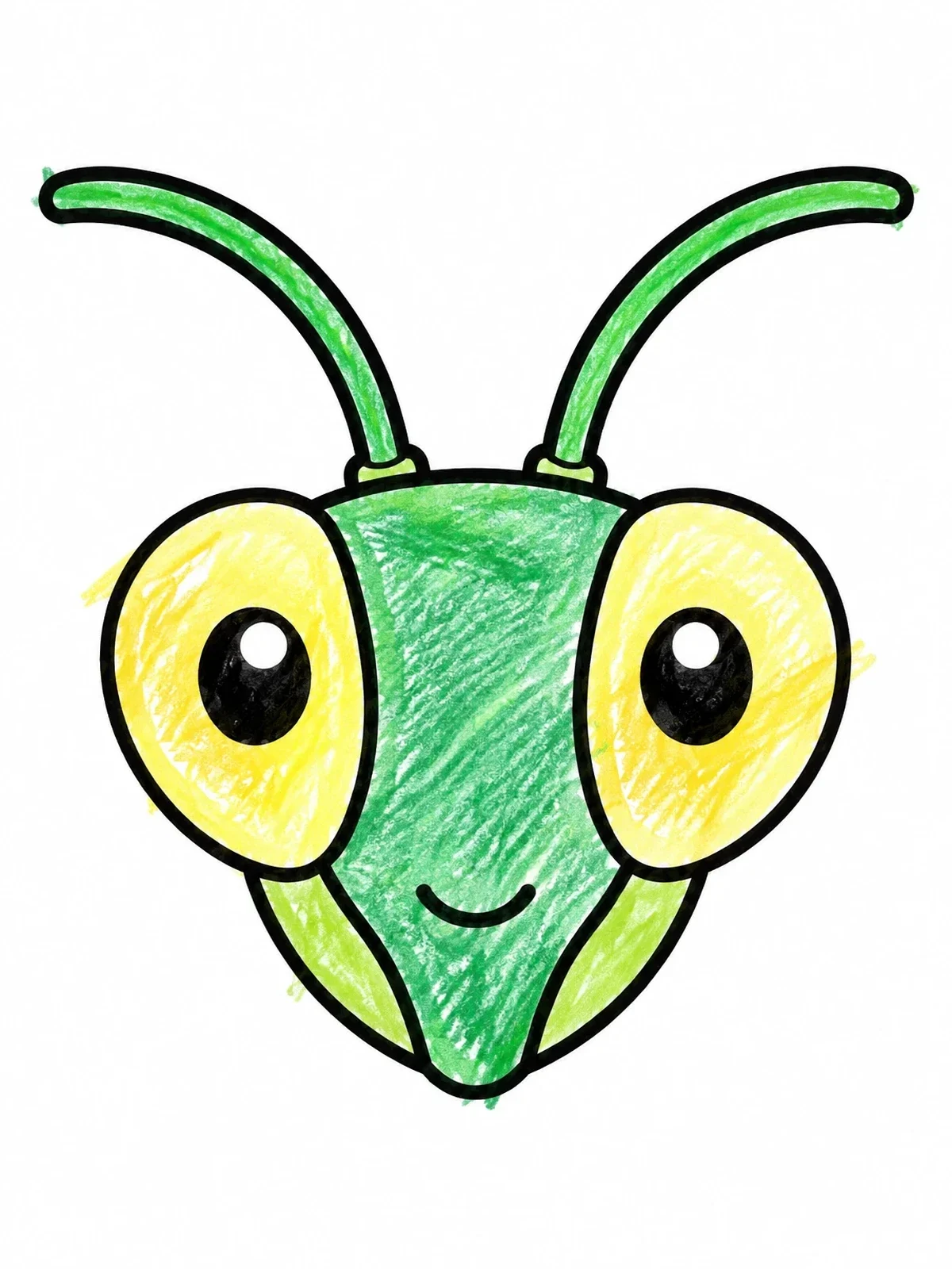 Colored example of the Cute Praying Mantis Face coloring page