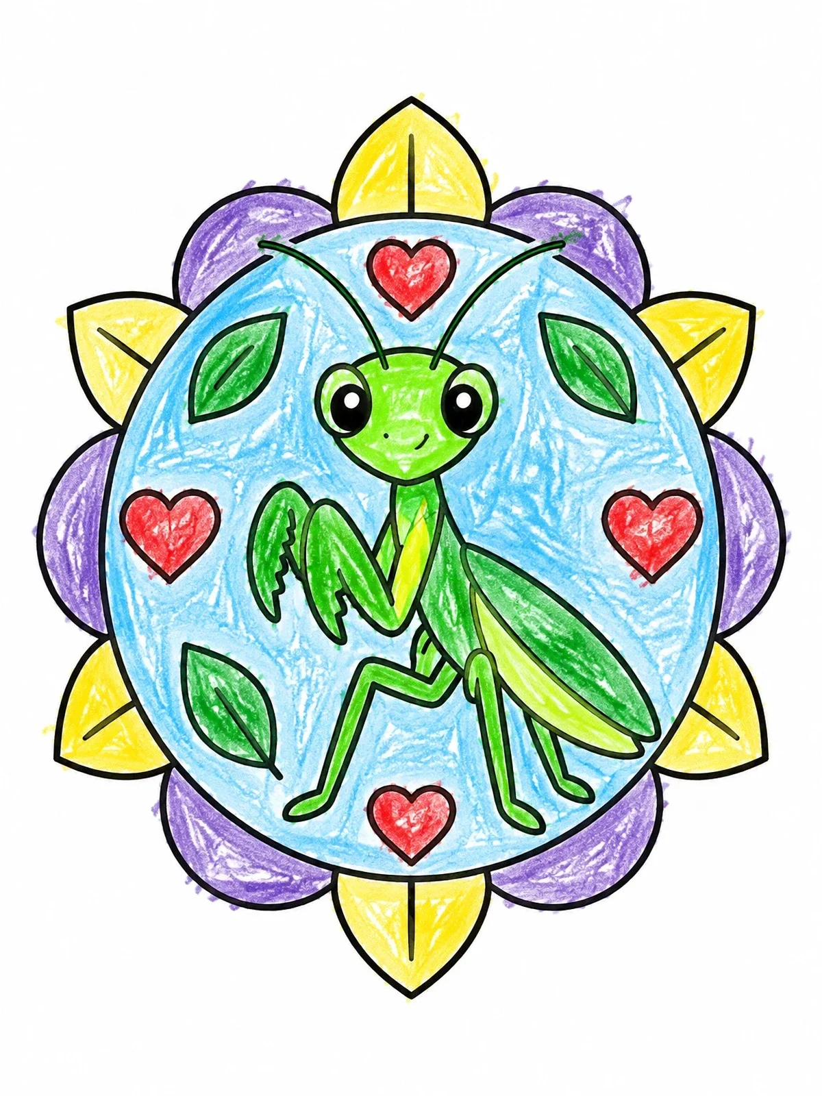 Colored example of the Cute Praying Mantis In Floral Frame coloring page